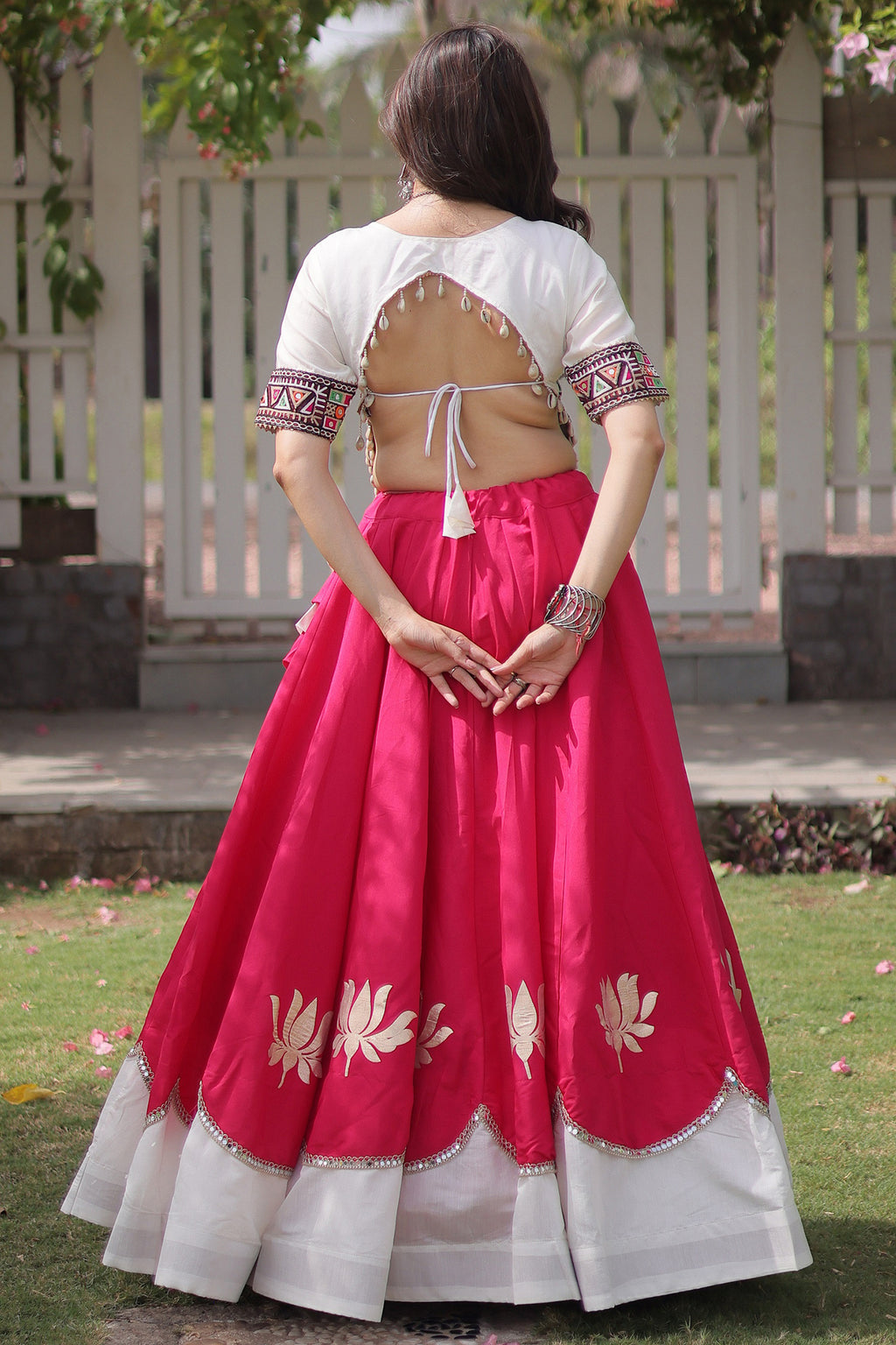 Pink and White Art Silk Mirror Kachchi Worked Chaniya Choli