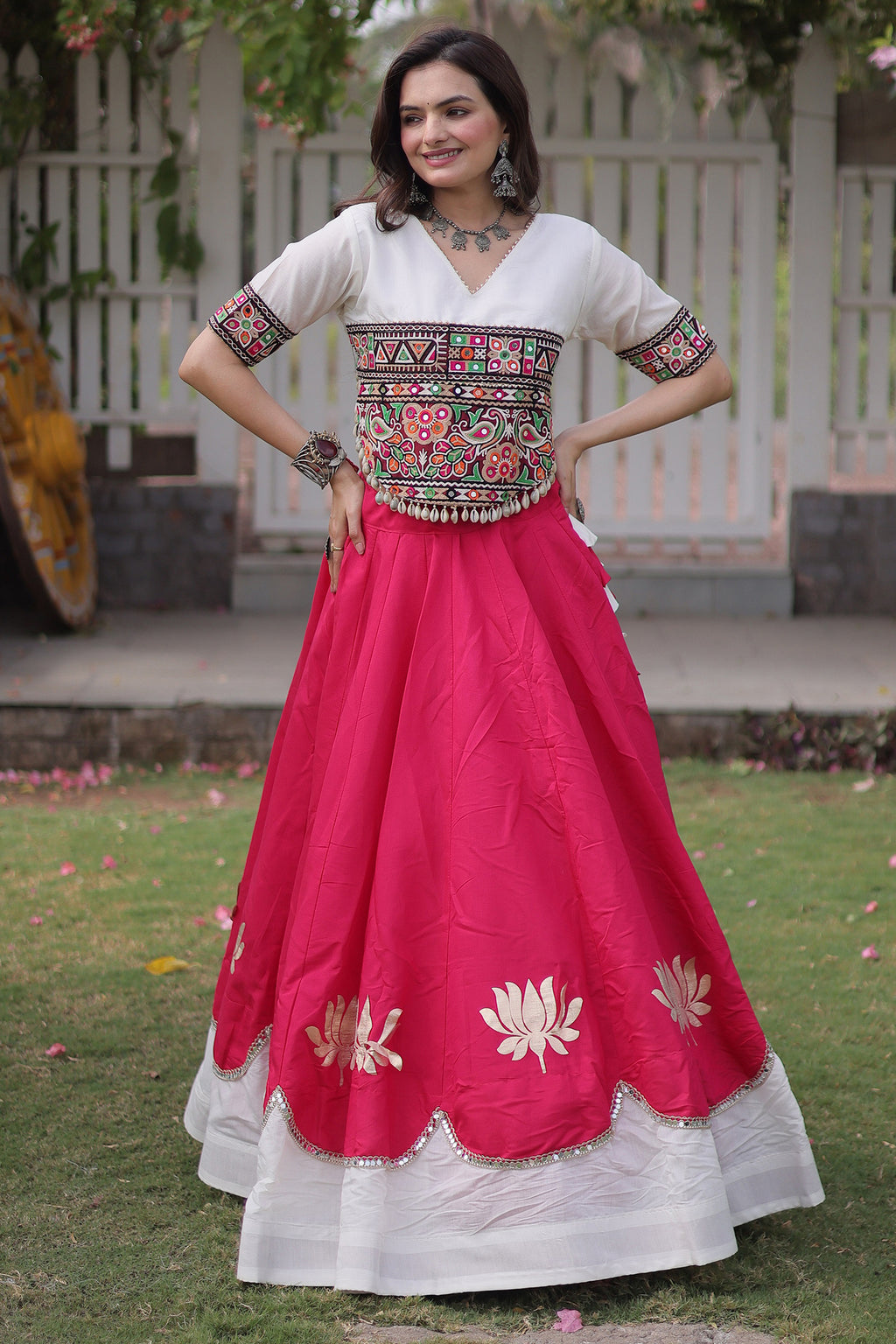 Pink and White Art Silk Mirror Kachchi Worked Chaniya Choli