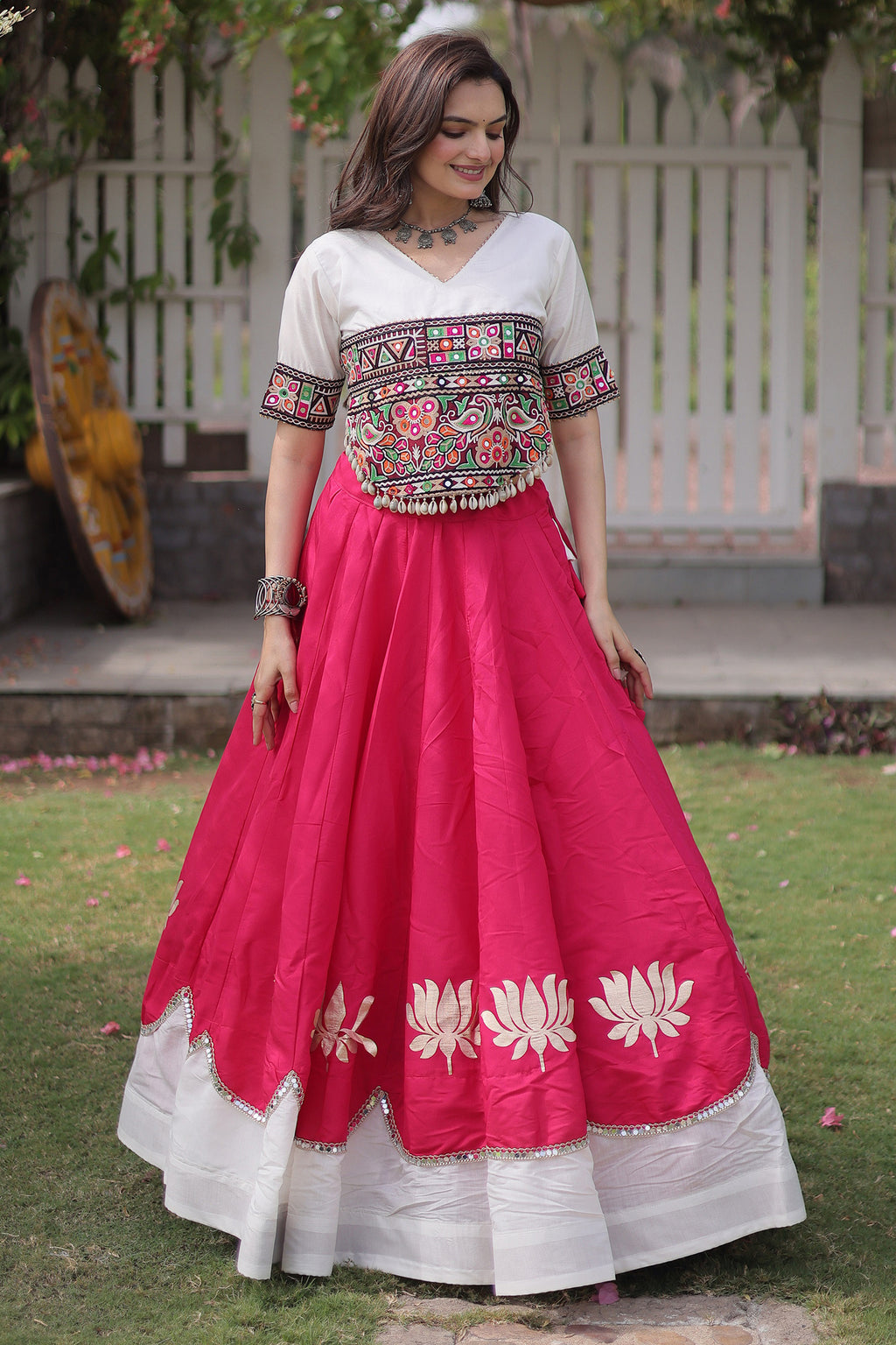 Pink and White Art Silk Mirror Kachchi Worked Chaniya Choli