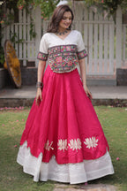 Pink and White Art Silk Mirror Kachchi Worked Chaniya Choli