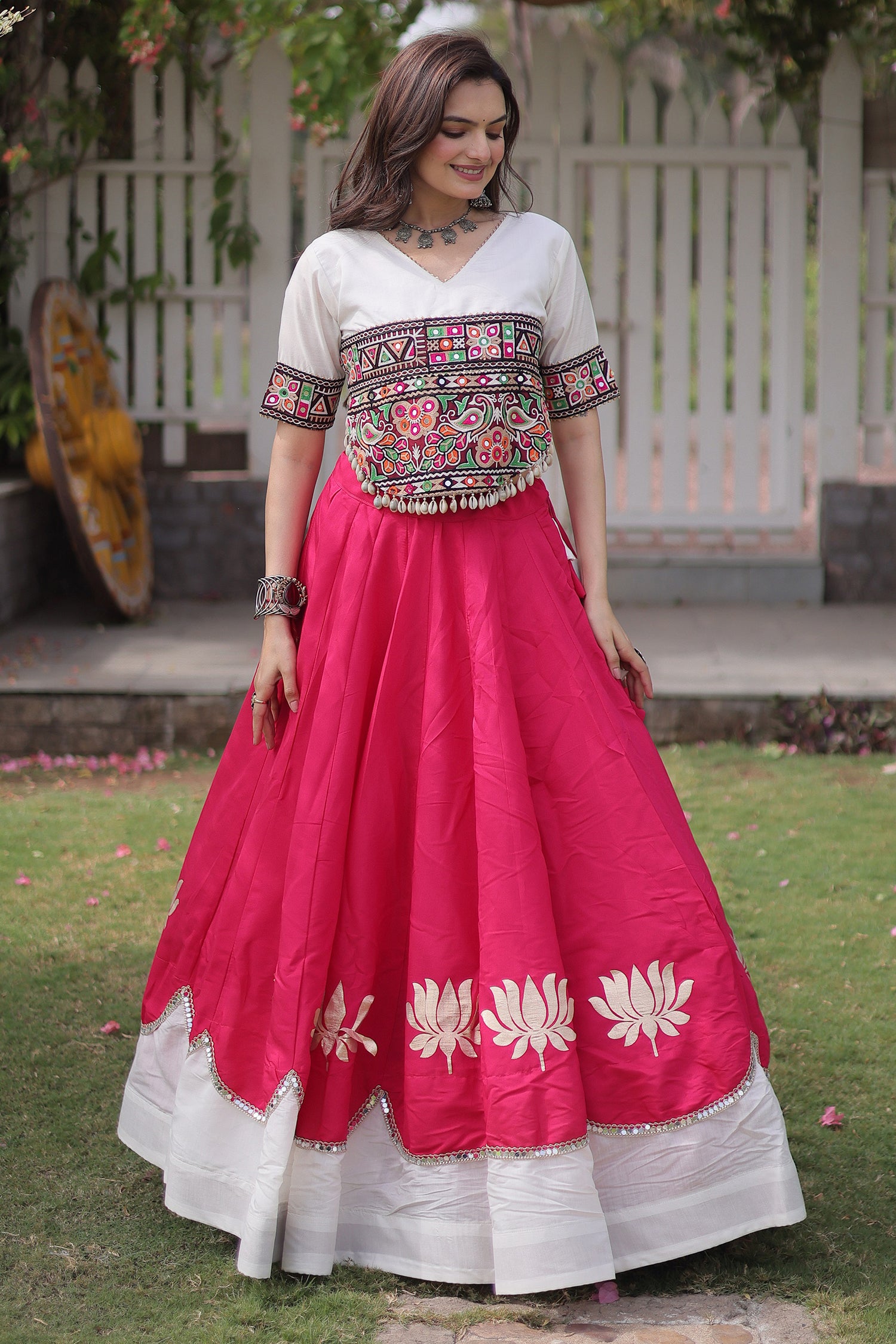 Pink and White Art Silk Mirror Kachchi Worked Chaniya Choli