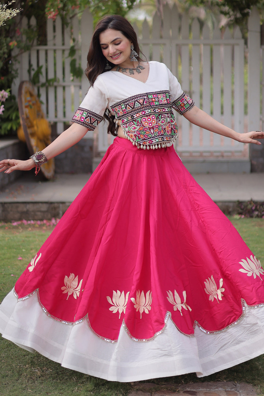 Pink and White Art Silk Mirror Kachchi Worked Chaniya Choli