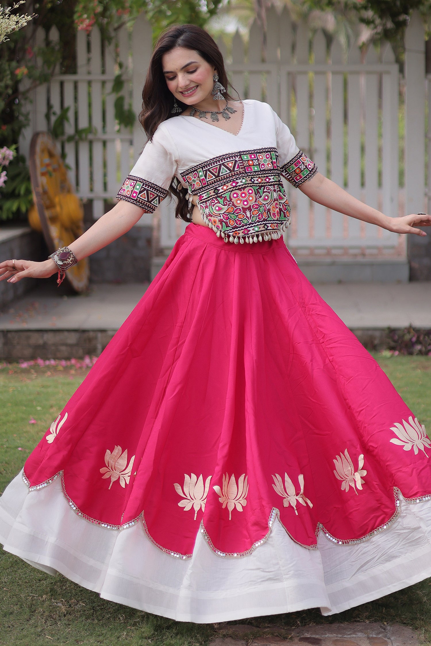 Pink and White Art Silk Mirror Kachchi Worked Chaniya Choli