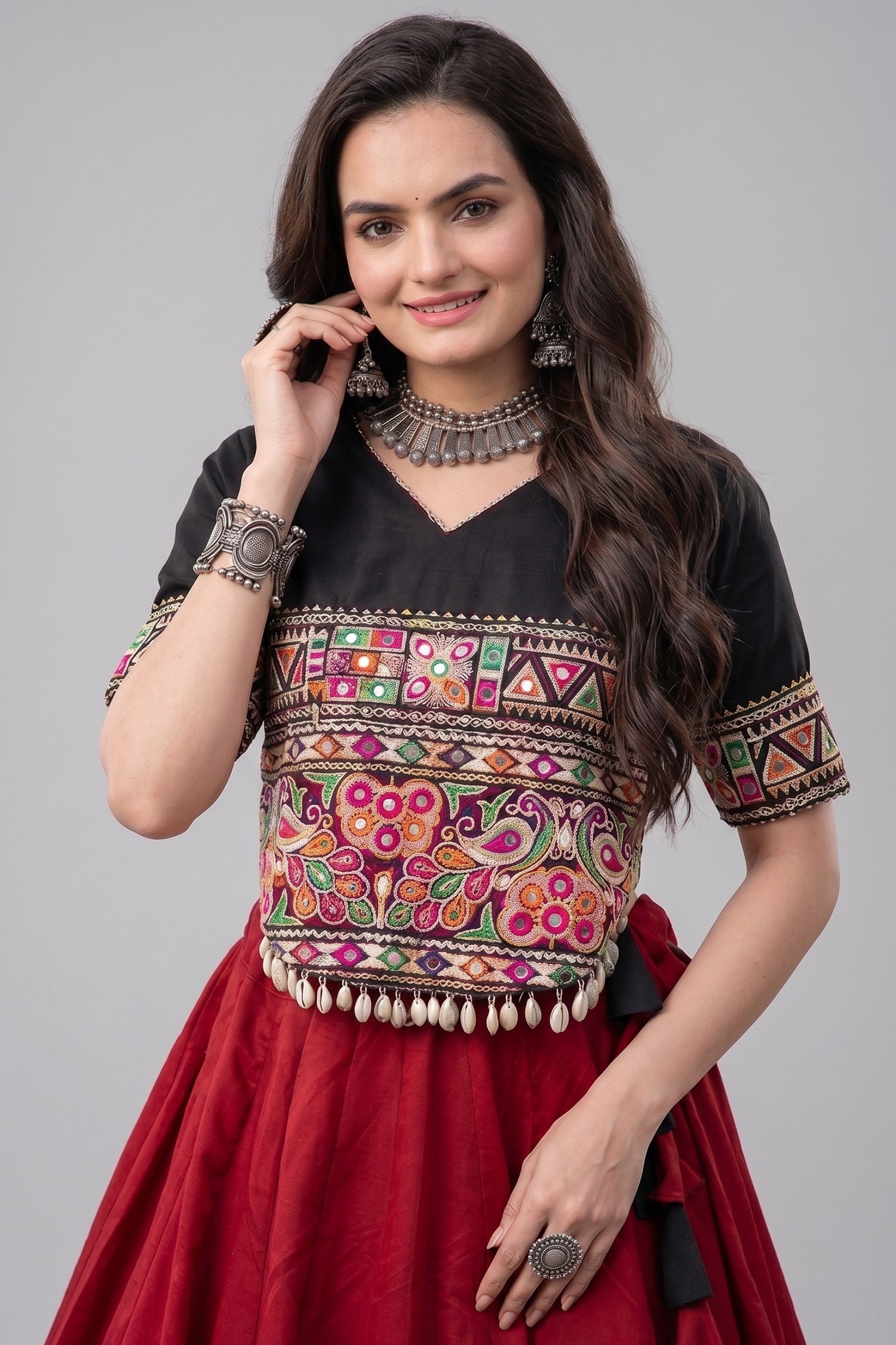 Maroon and Black Art Silk Mirror Kachchi Worked Chaniya Choli