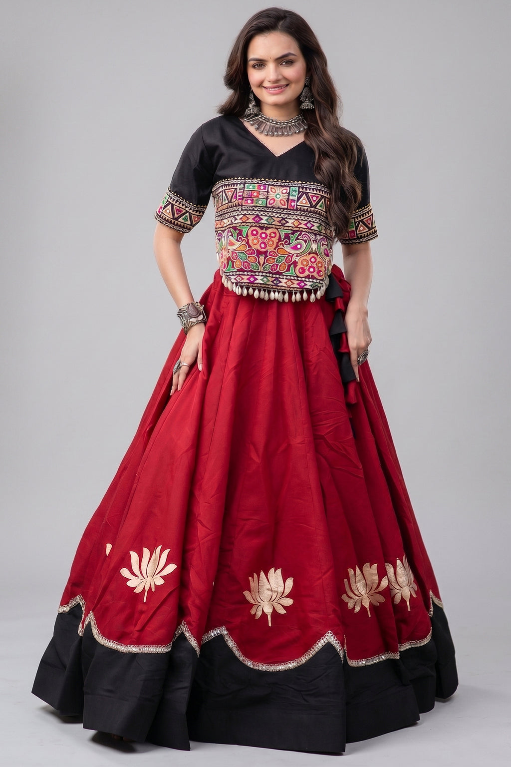 Maroon and Black Art Silk Mirror Kachchi Worked Chaniya Choli