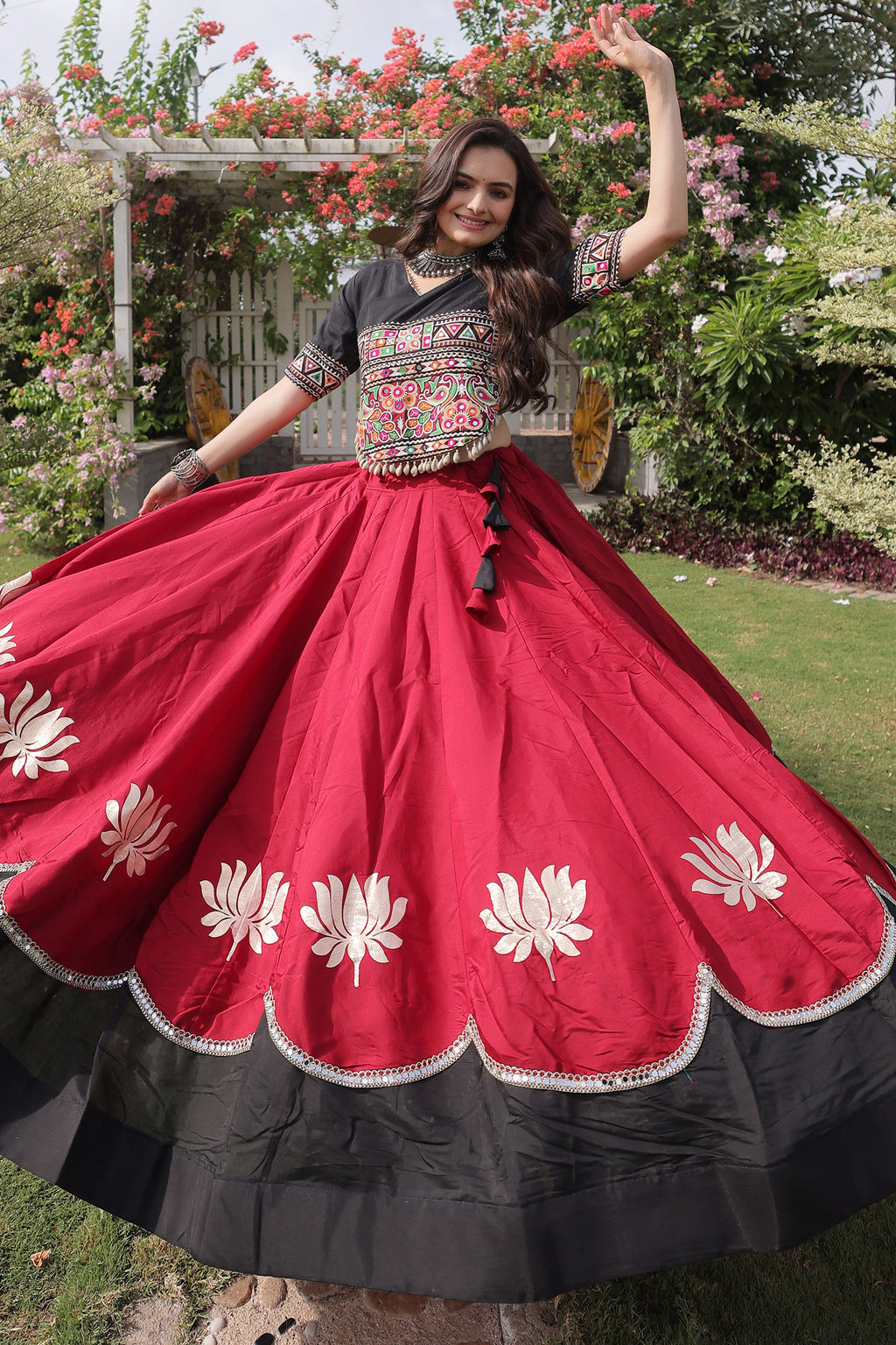Maroon and Black Art Silk Mirror Kachchi Worked Chaniya Choli