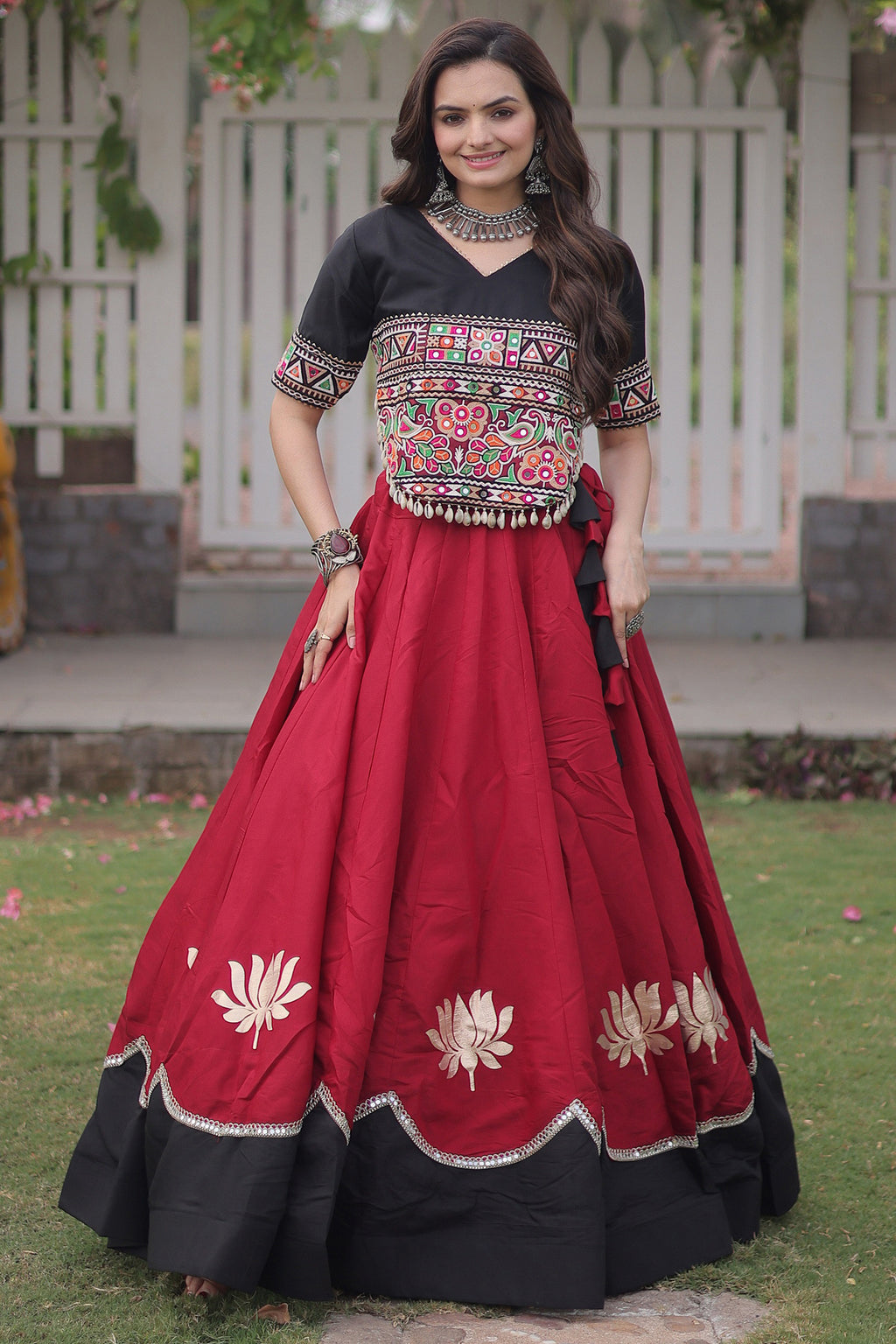 Maroon and Black Art Silk Mirror Kachchi Worked Chaniya Choli