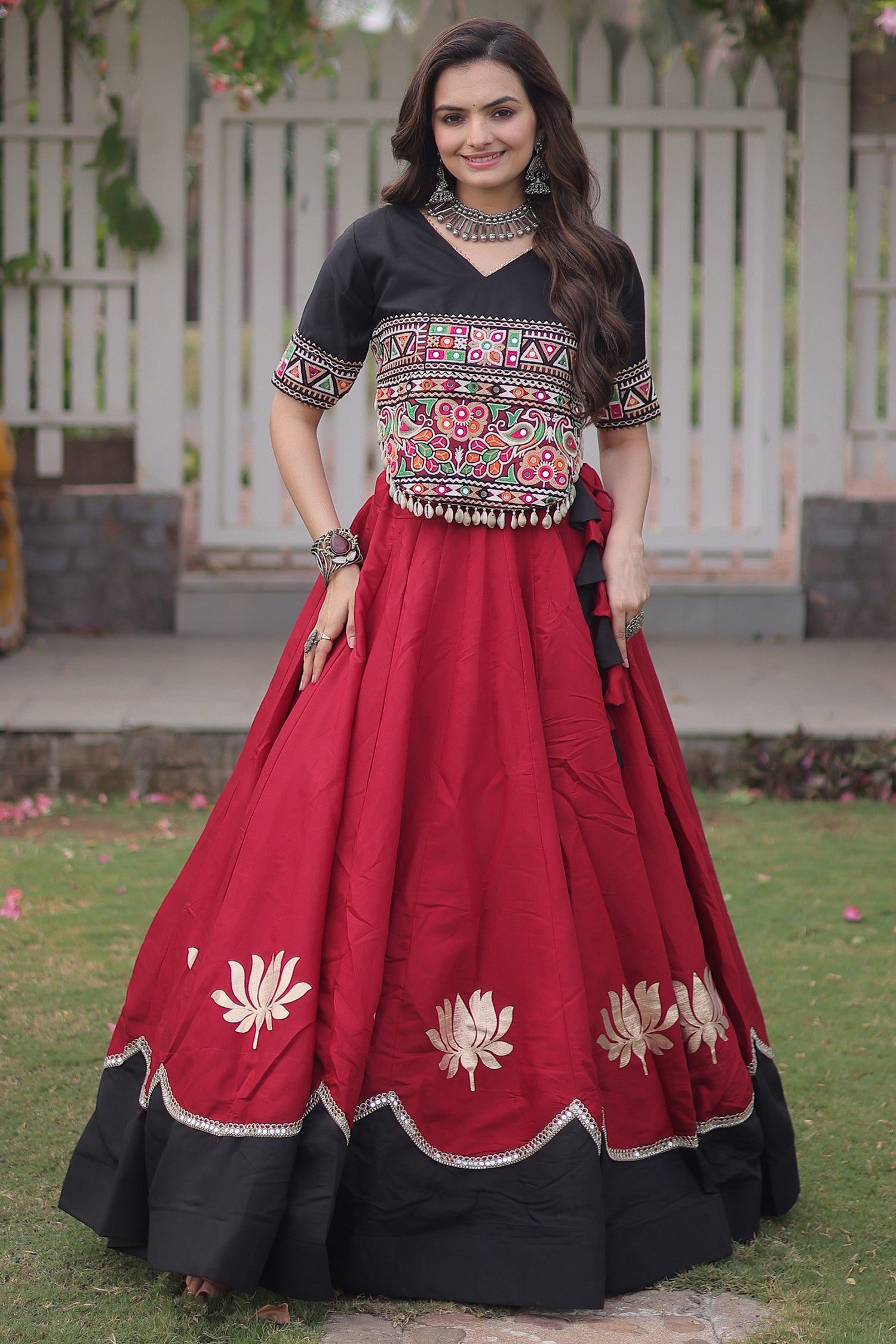 Maroon and Black Art Silk Mirror Kachchi Worked Chaniya Choli