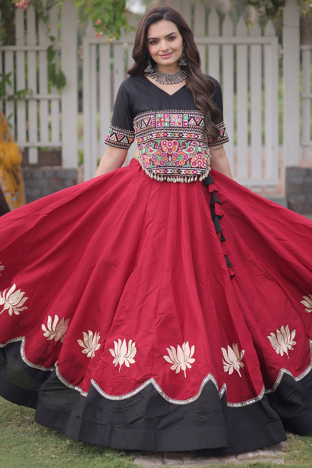 Maroon and Black Art Silk Mirror Kachchi Worked Chaniya Choli