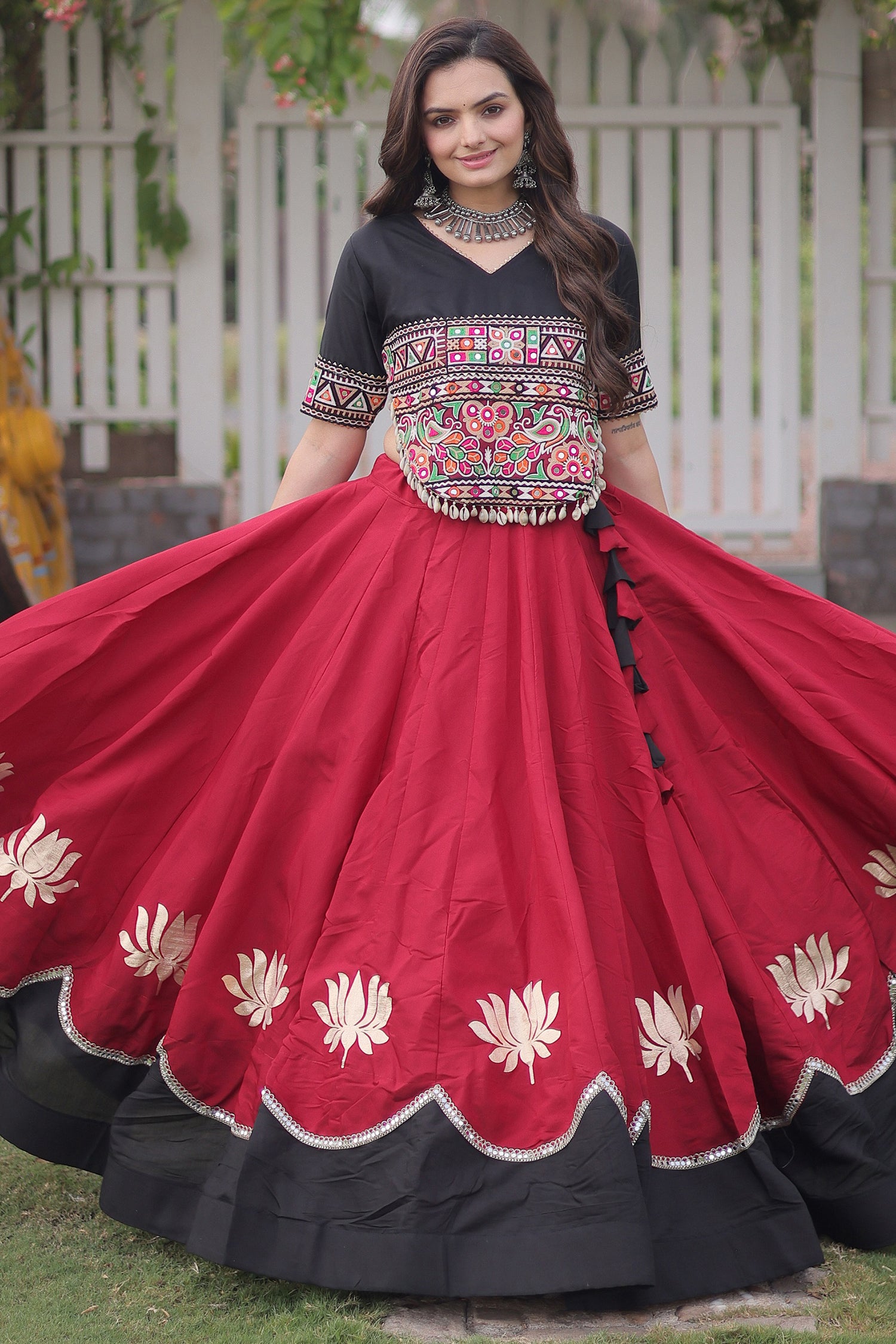 Maroon and Black Art Silk Mirror Kachchi Worked Chaniya Choli