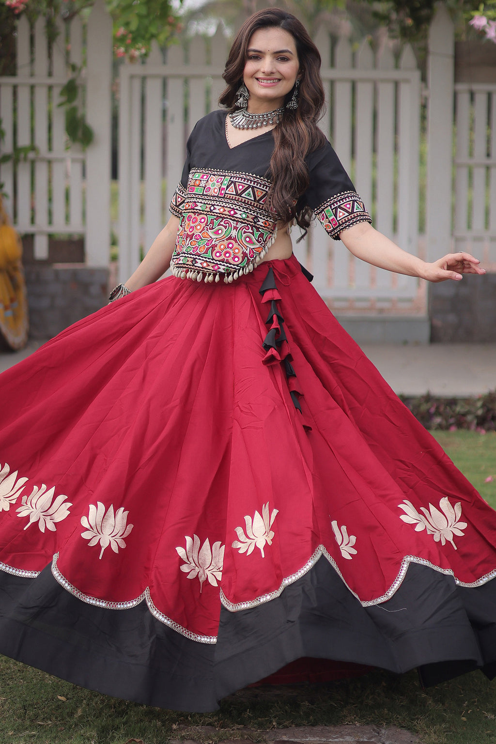 Maroon and Black Art Silk Mirror Kachchi Worked Chaniya Choli
