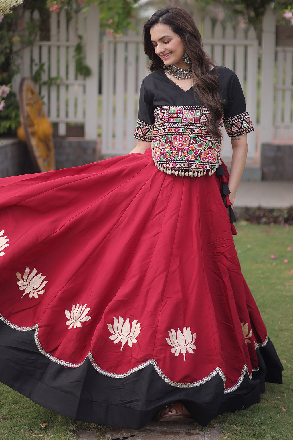 Maroon and Black Art Silk Mirror Kachchi Worked Chaniya Choli