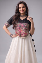 Pearl White and Black Art Silk Mirror Kachchi Worked Chaniya Choli