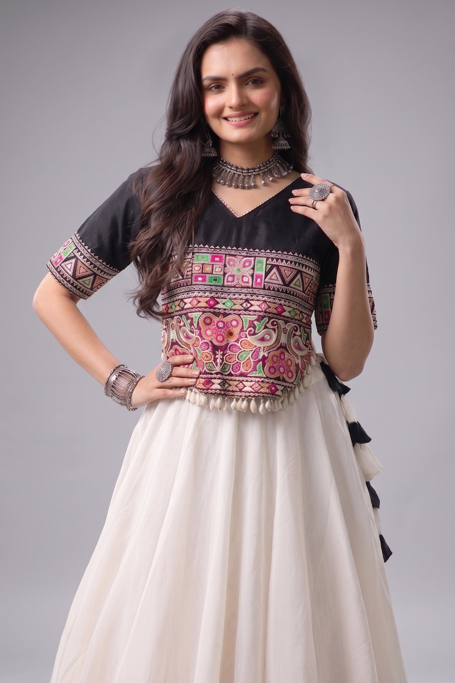 Pearl White and Black Art Silk Mirror Kachchi Worked Chaniya Choli