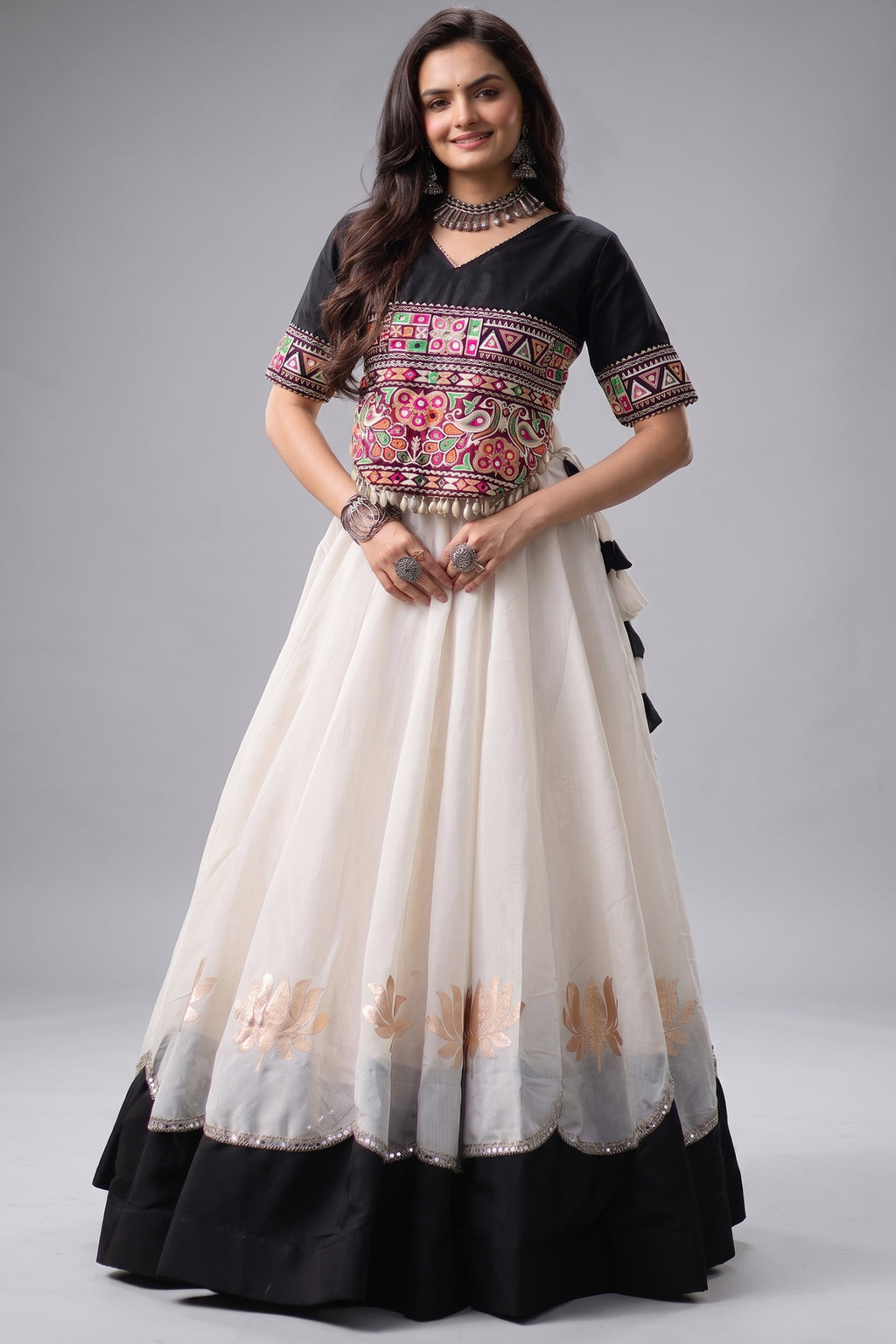 Pearl White and Black Art Silk Mirror Kachchi Worked Chaniya Choli