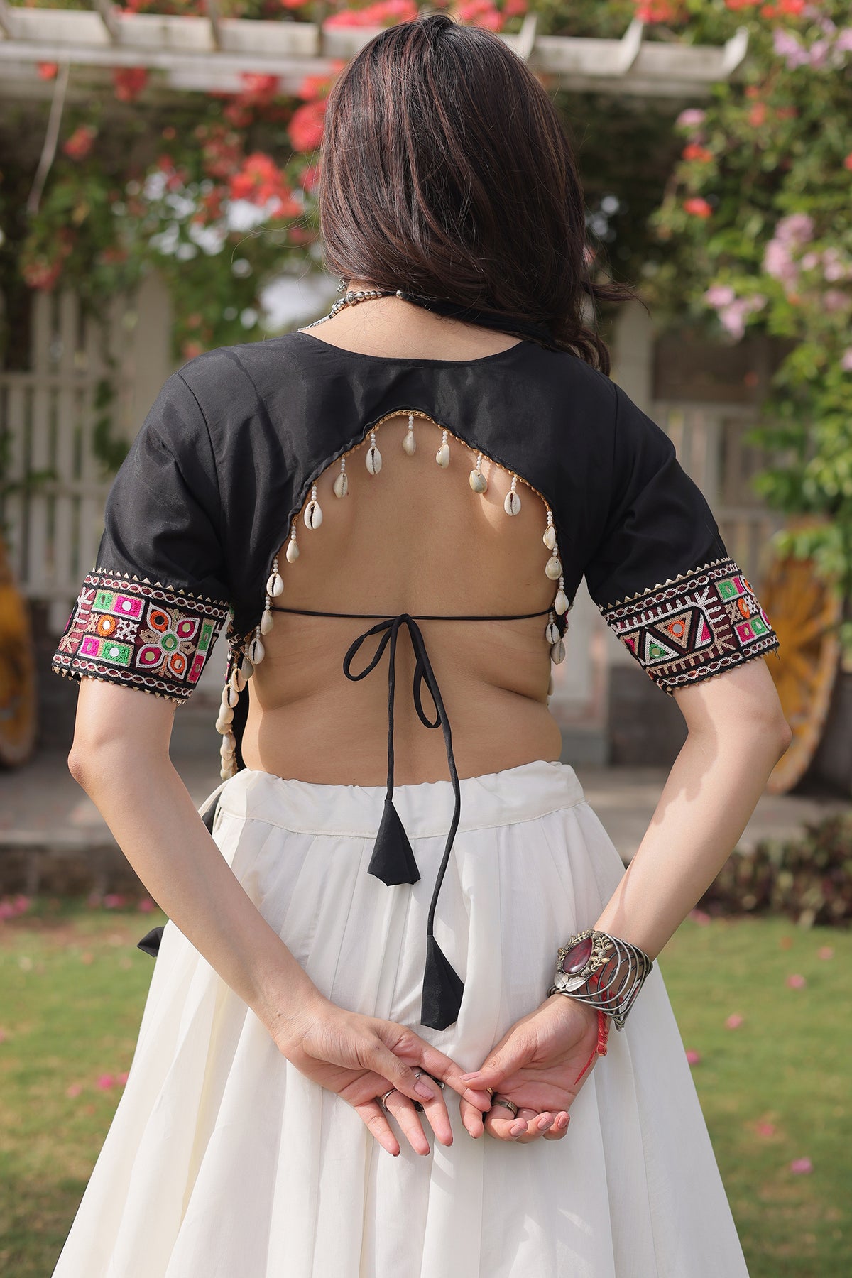 Pearl White and Black Art Silk Mirror Kachchi Worked Chaniya Choli