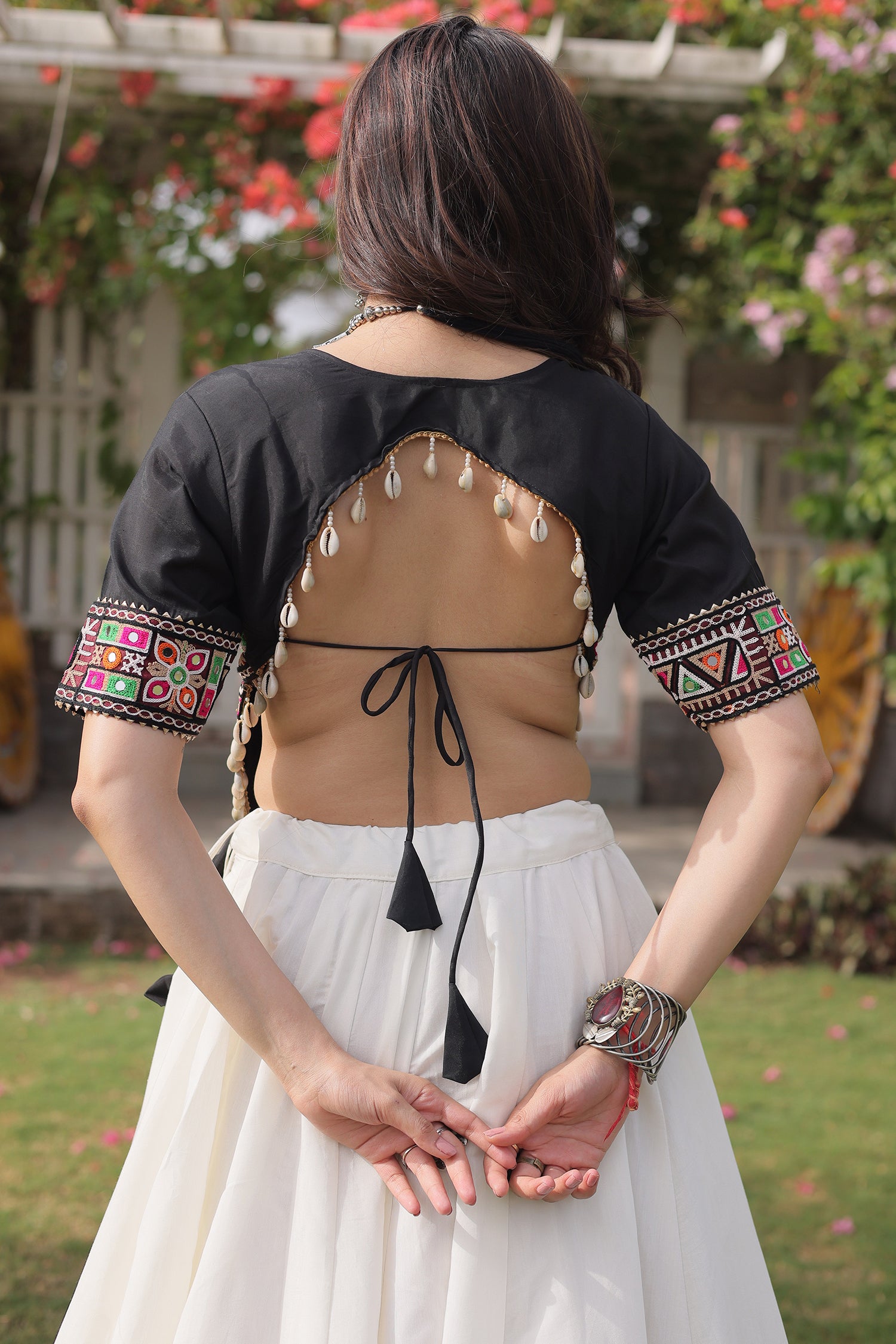 Pearl White and Black Art Silk Mirror Kachchi Worked Chaniya Choli