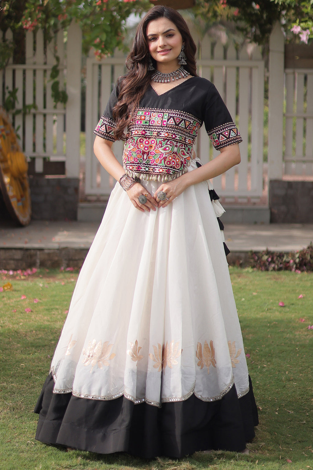 Pearl White and Black Art Silk Mirror Kachchi Worked Chaniya Choli