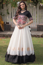 Pearl White and Black Art Silk Mirror Kachchi Worked Chaniya Choli