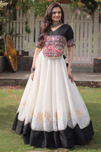 Pearl White and Black Art Silk Mirror Kachchi Worked Chaniya Choli