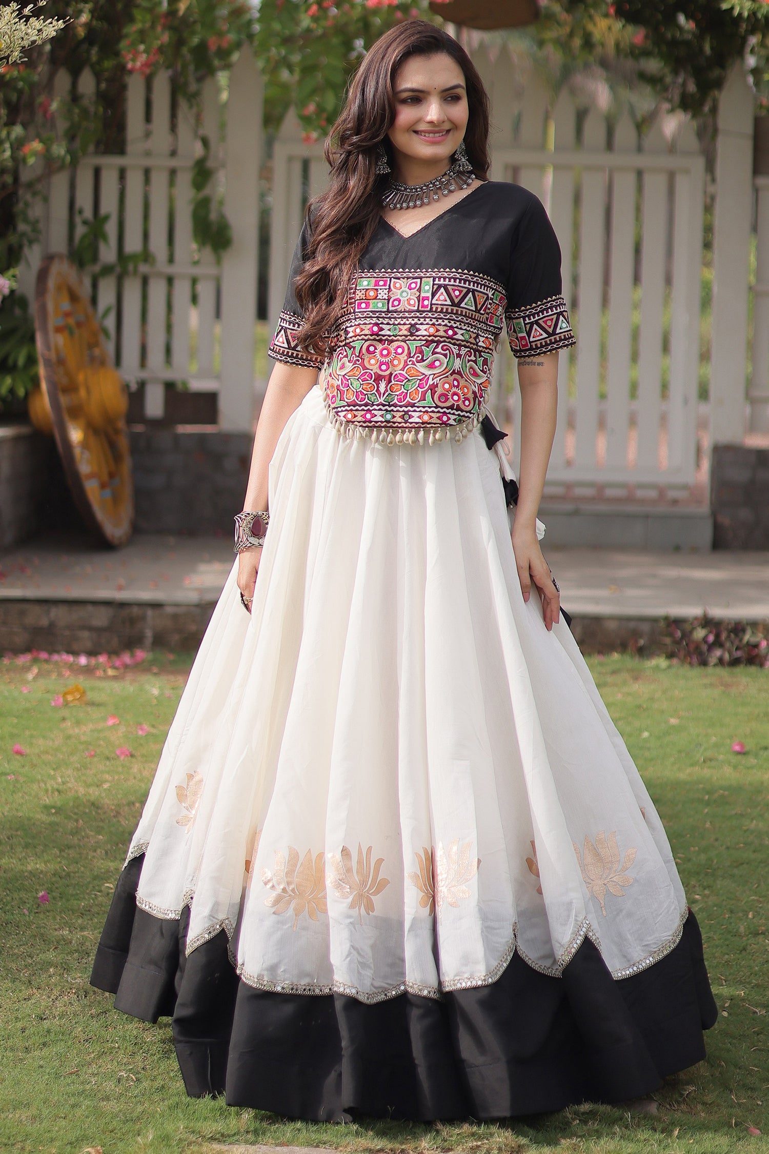 Pearl White and Black Art Silk Mirror Kachchi Worked Chaniya Choli