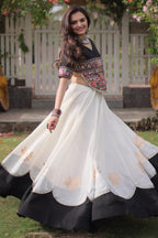 Pearl White and Black Art Silk Mirror Kachchi Worked Chaniya Choli