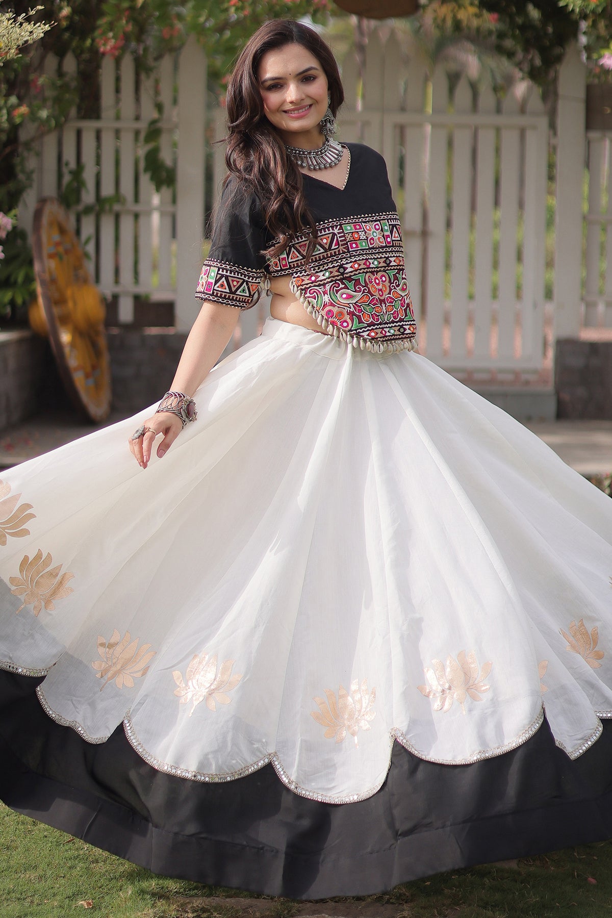 Pearl White and Black Art Silk Mirror Kachchi Worked Chaniya Choli