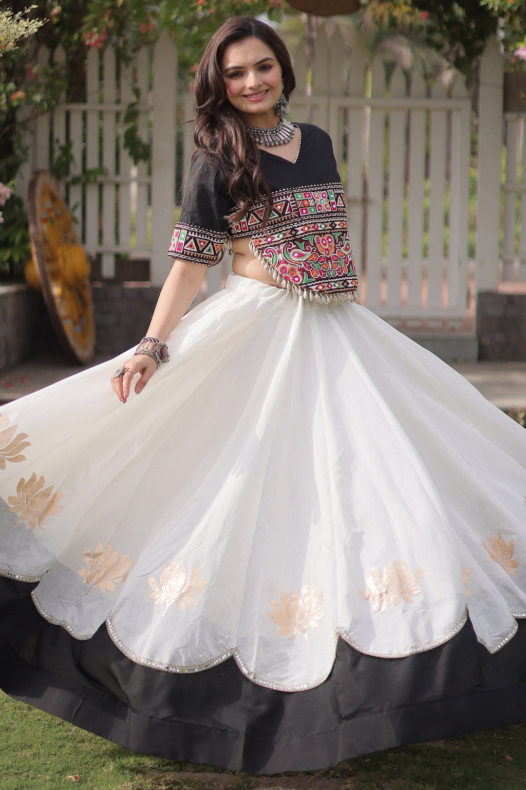 Pearl White and Black Art Silk Mirror Kachchi Worked Chaniya Choli