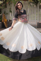 Pearl White and Black Art Silk Mirror Kachchi Worked Chaniya Choli