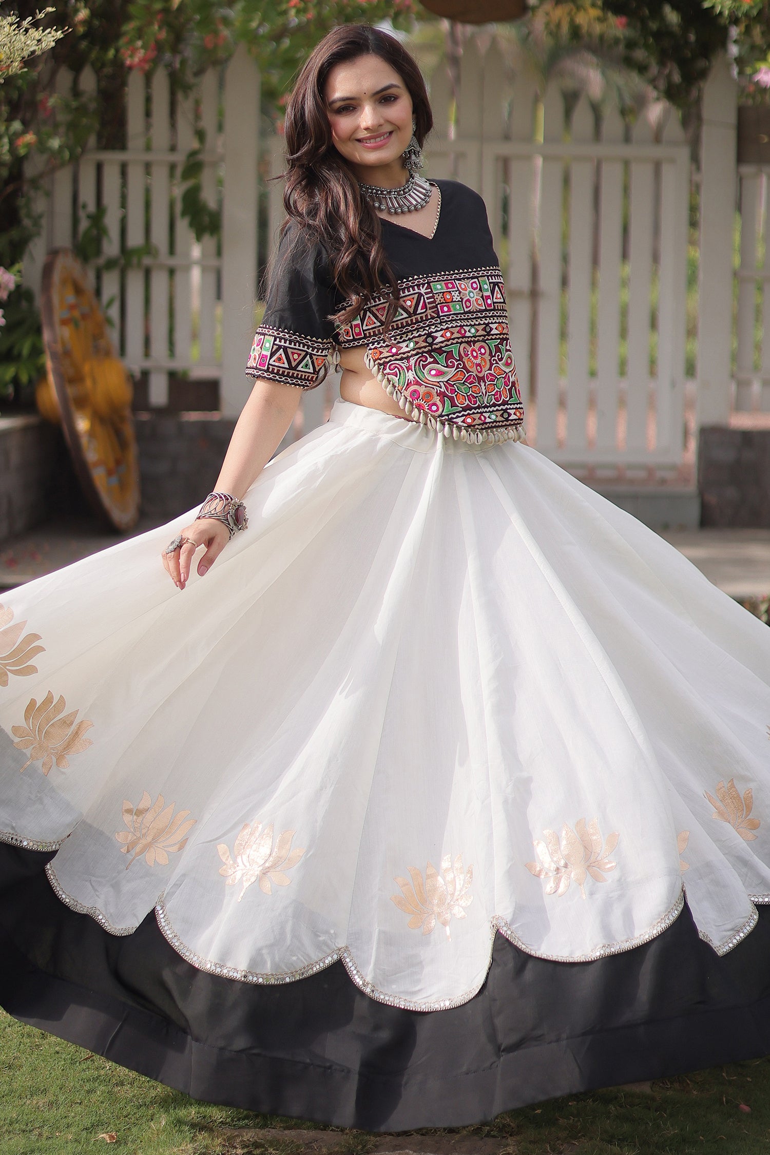 Pearl White and Black Art Silk Mirror Kachchi Worked Chaniya Choli