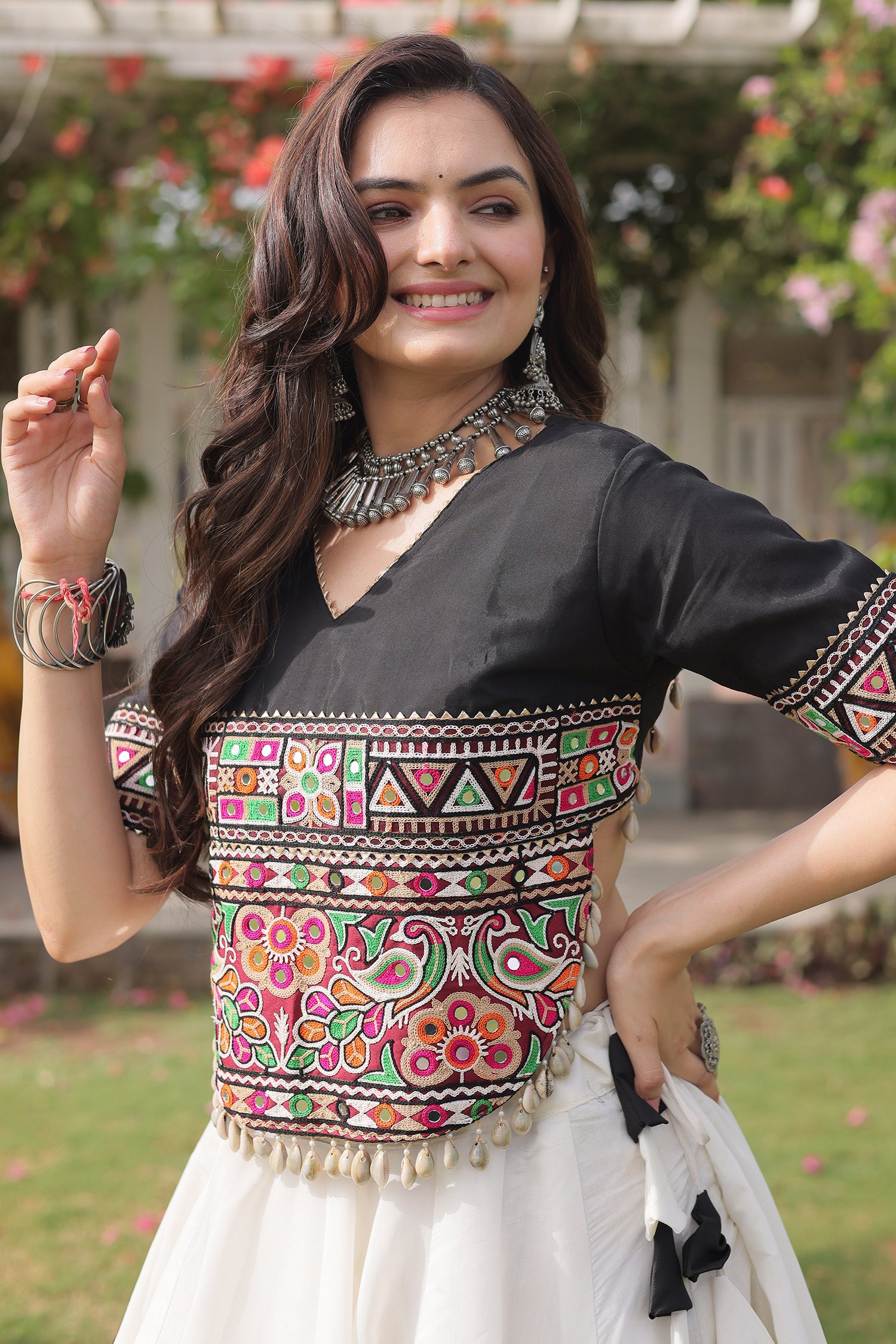 Pearl White and Black Art Silk Mirror Kachchi Worked Chaniya Choli