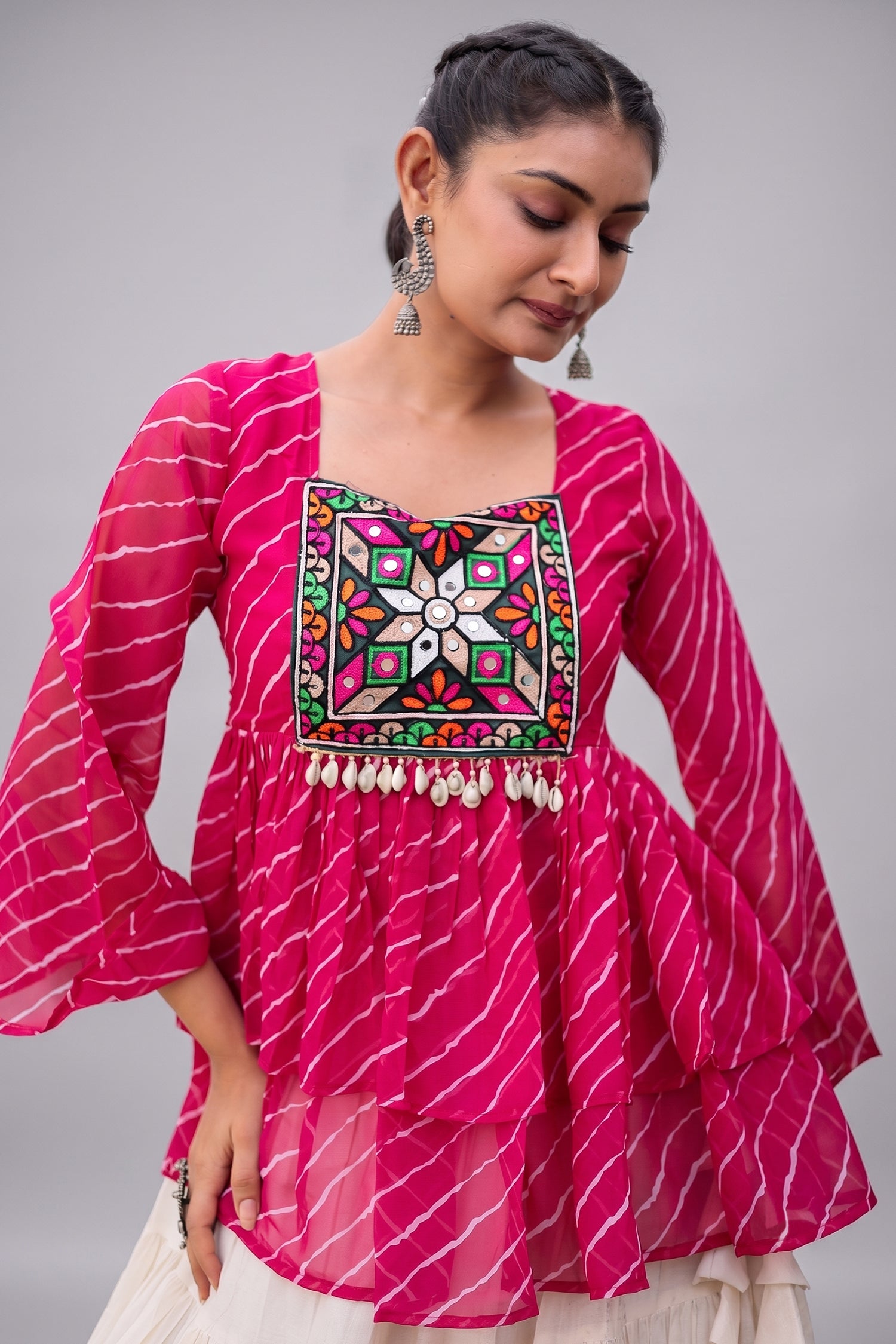 White Cotton Flared Peplum Chaniya Choli with Kachchi Work Secondary image