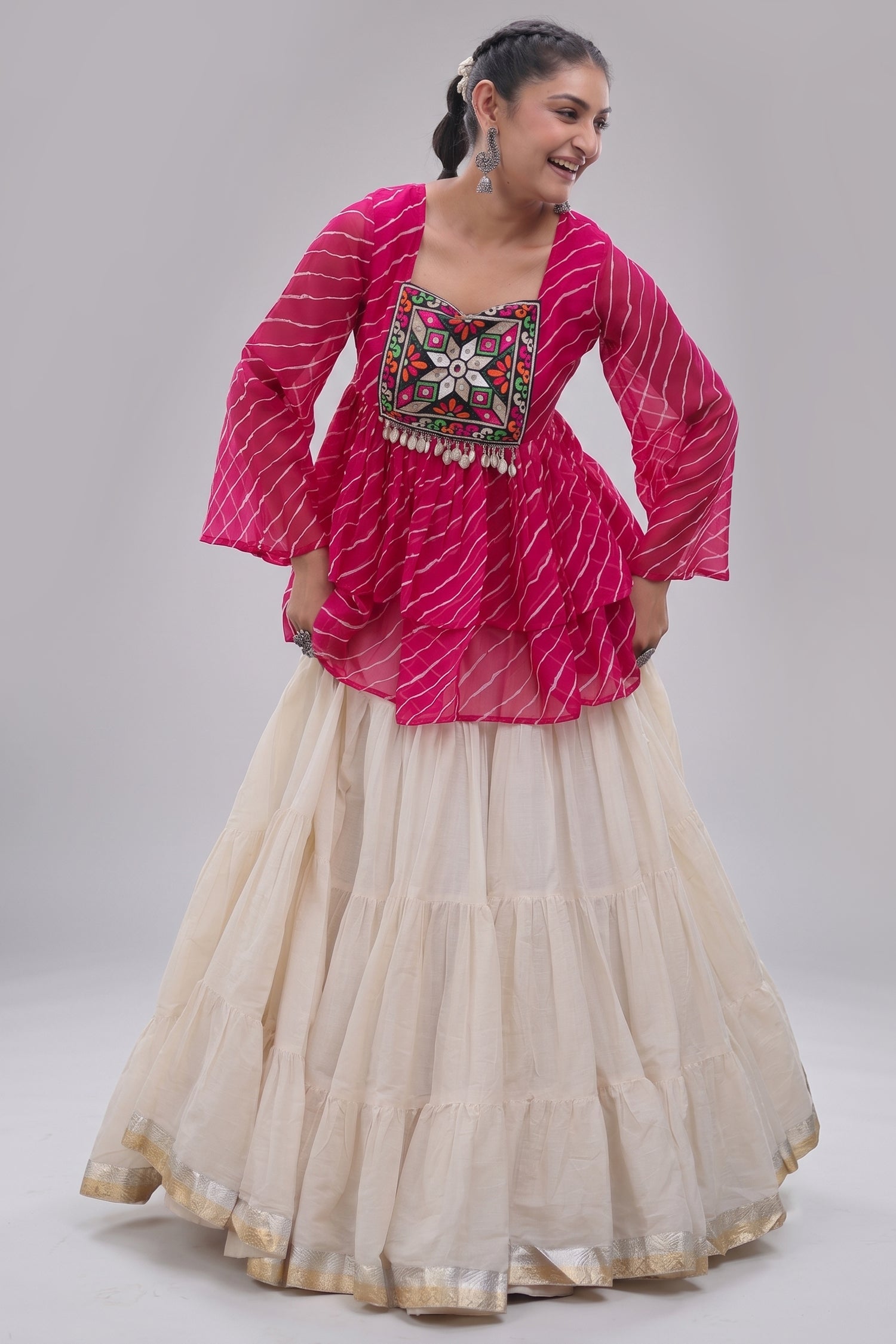 White Cotton Flared Peplum Chaniya Choli with Kachchi Work