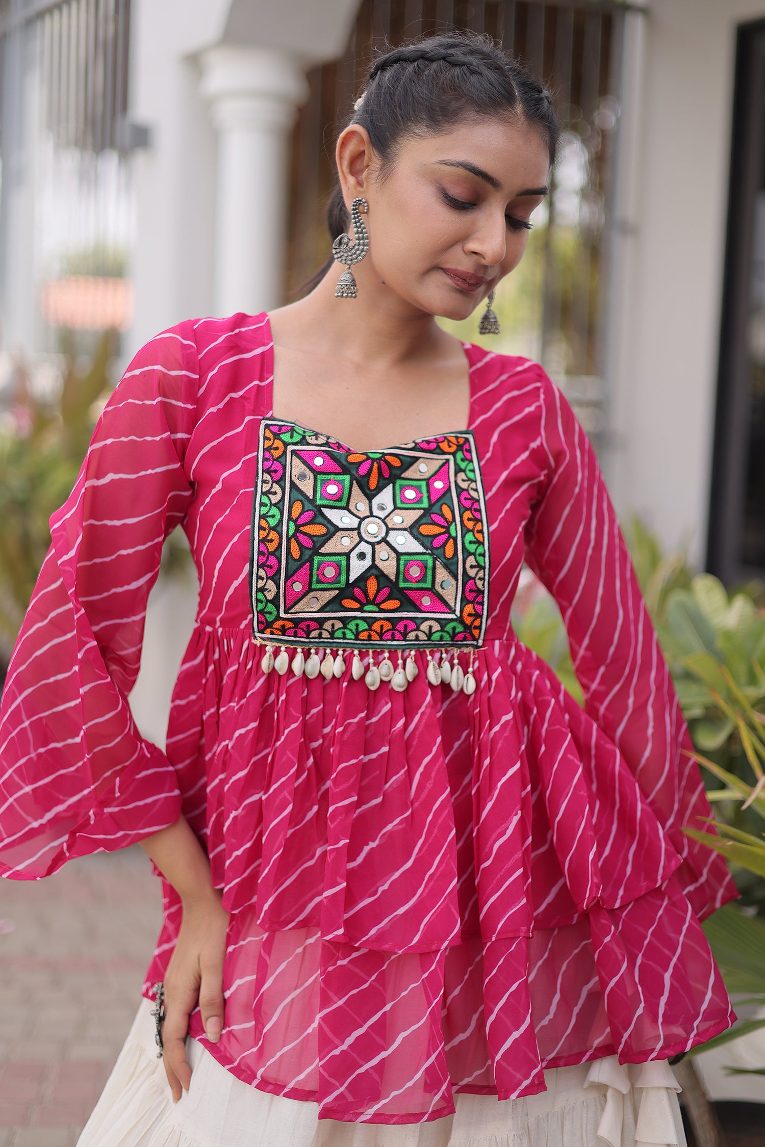 White Cotton Flared Peplum Chaniya Choli with Kachchi Work