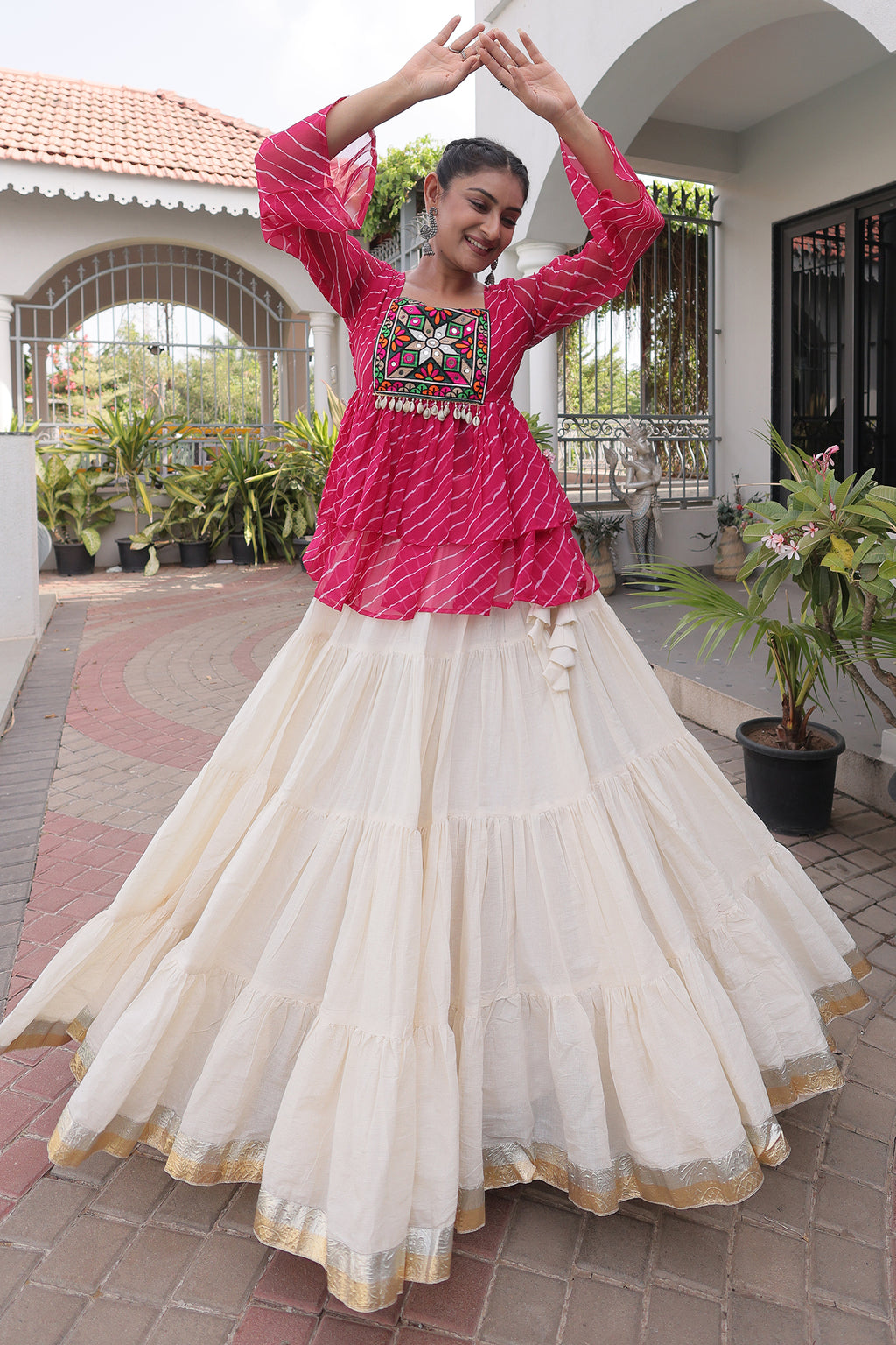 White Cotton Flared Peplum Chaniya Choli with Kachchi Work