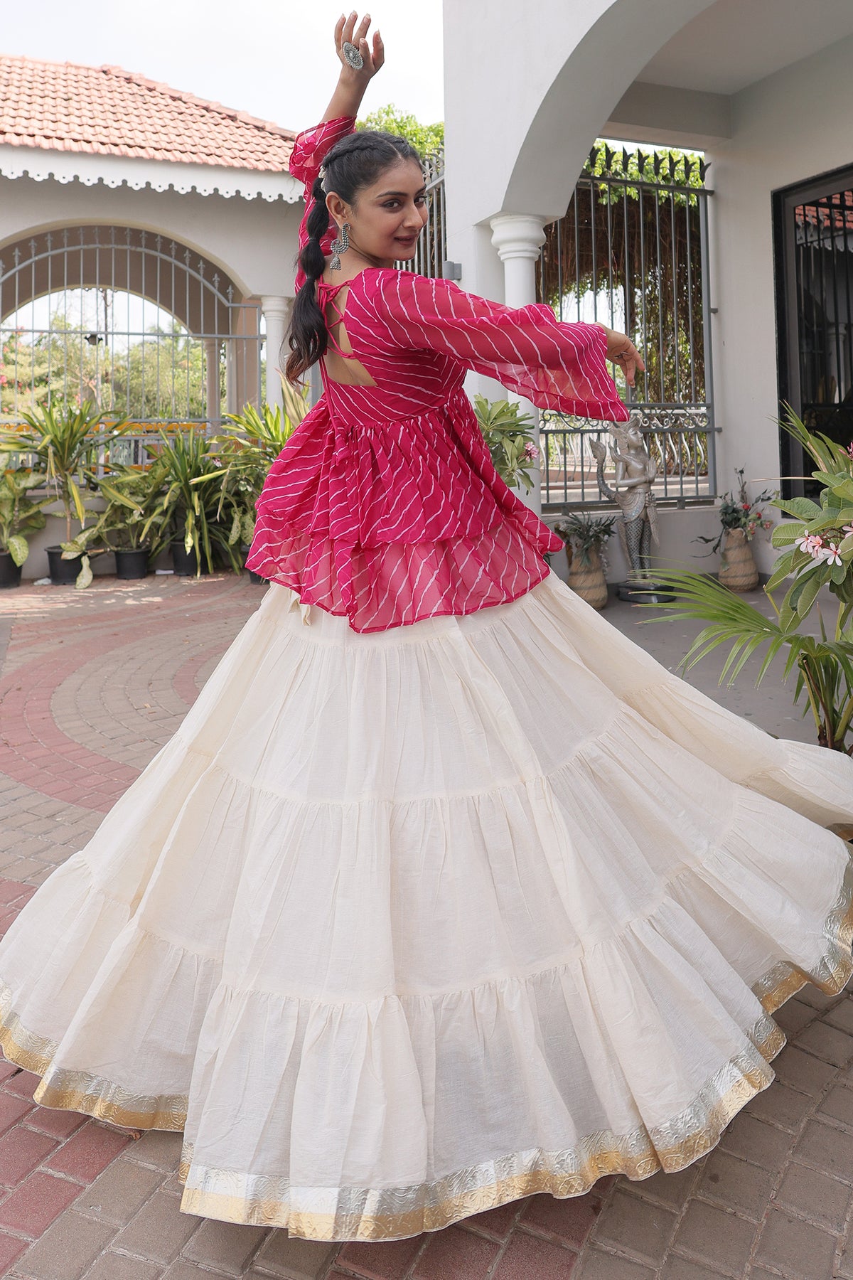 White Cotton Flared Peplum Chaniya Choli with Kachchi Work
