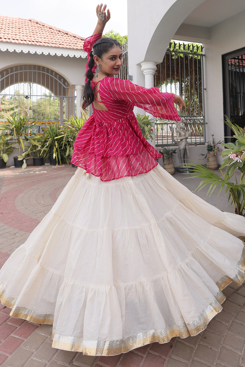 White Cotton Flared Peplum Chaniya Choli with Kachchi Work