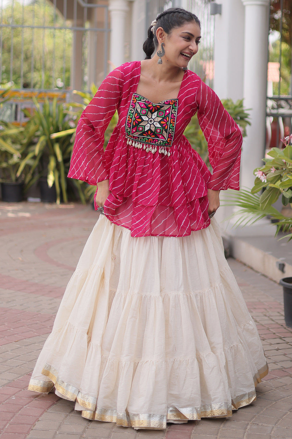 White Cotton Flared Peplum Chaniya Choli with Kachchi Work