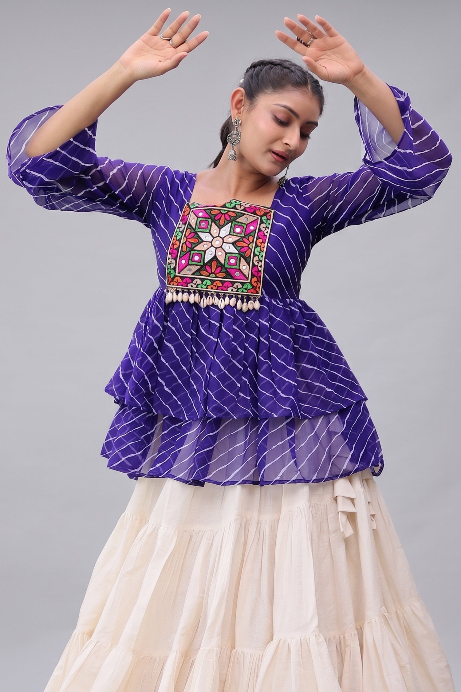 White Cotton Flared Peplum Chaniya Choli with Kachchi Work