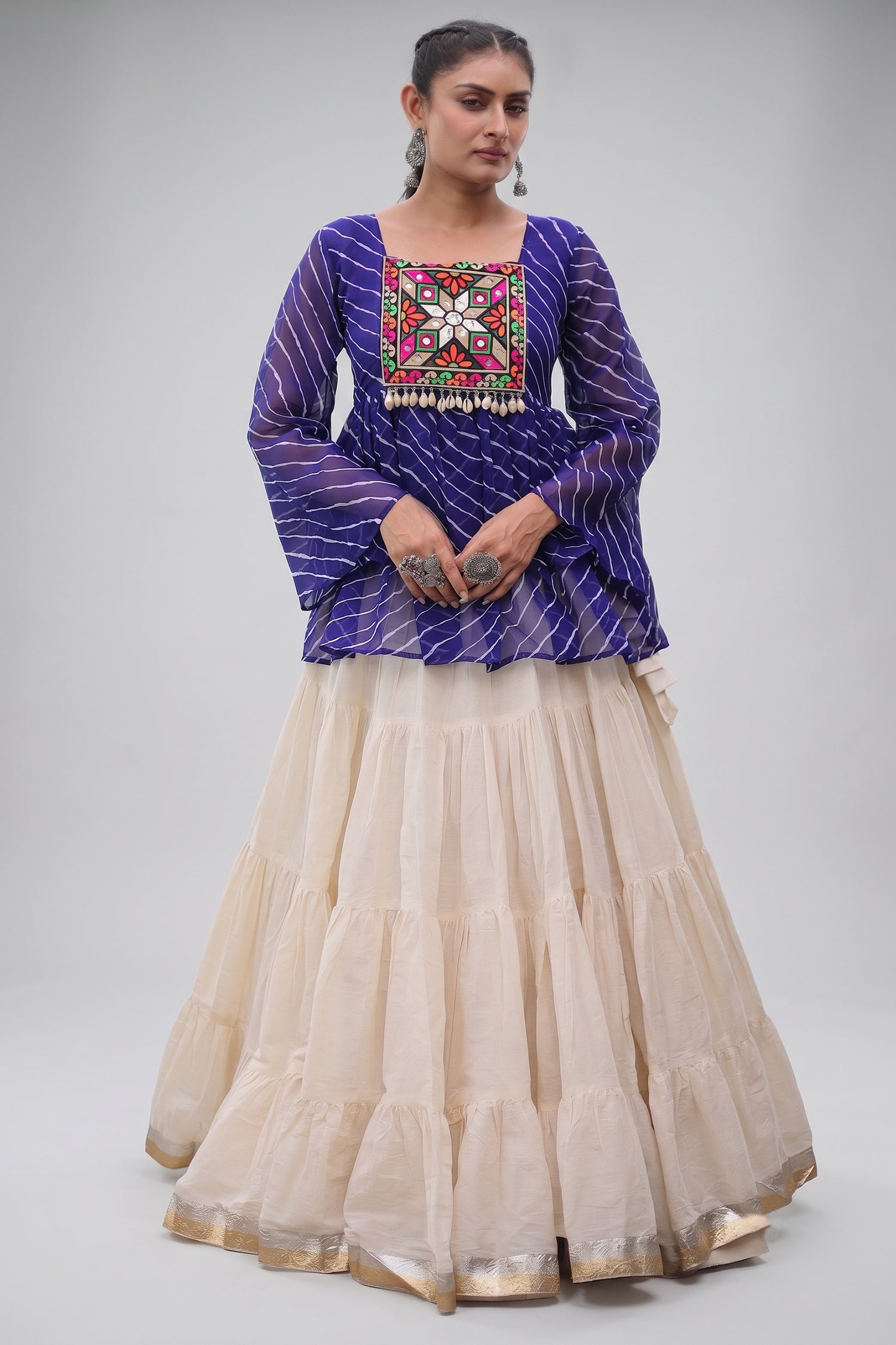 White Cotton Flared Peplum Chaniya Choli with Kachchi Work Main image