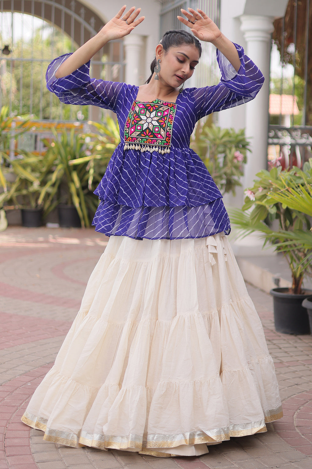 White Cotton Flared Peplum Chaniya Choli with Kachchi Work