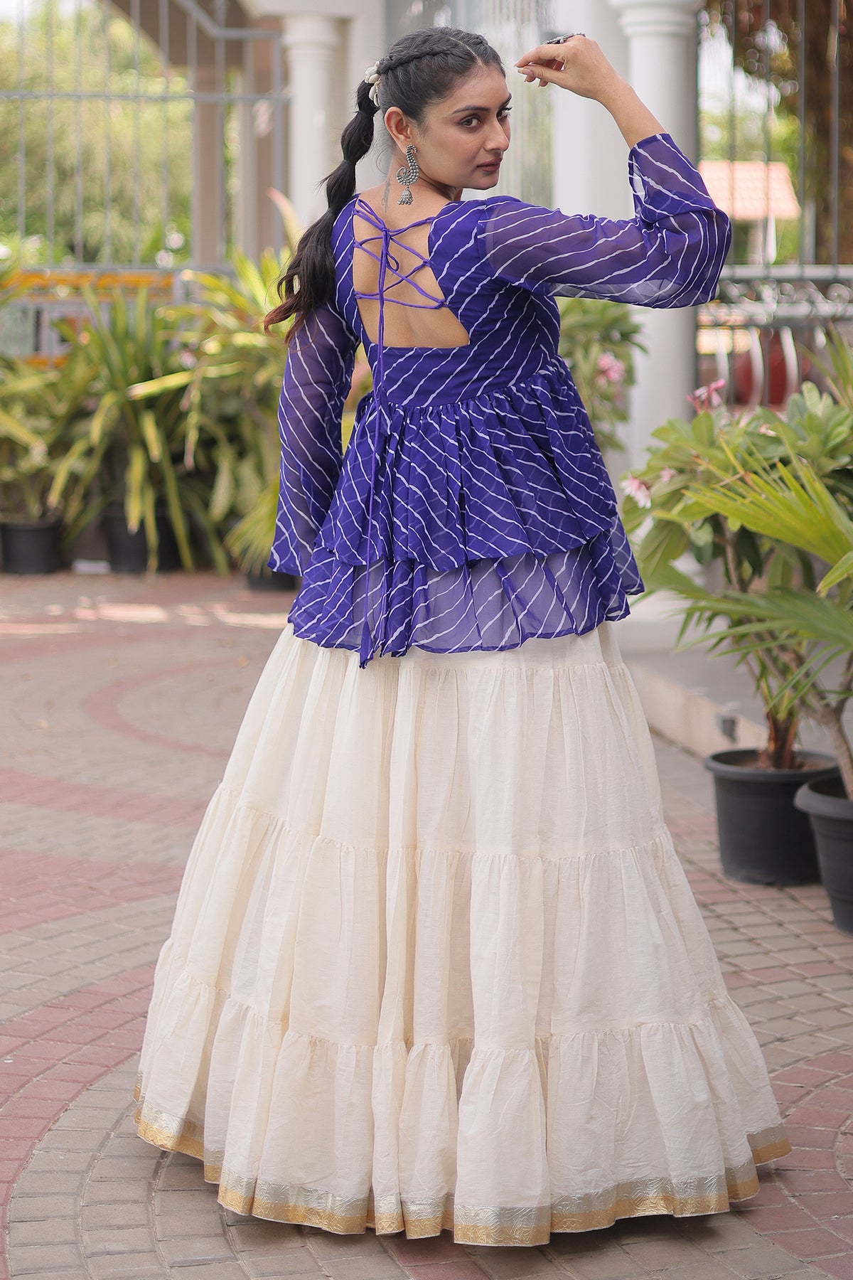 White Cotton Flared Peplum Chaniya Choli with Kachchi Work
