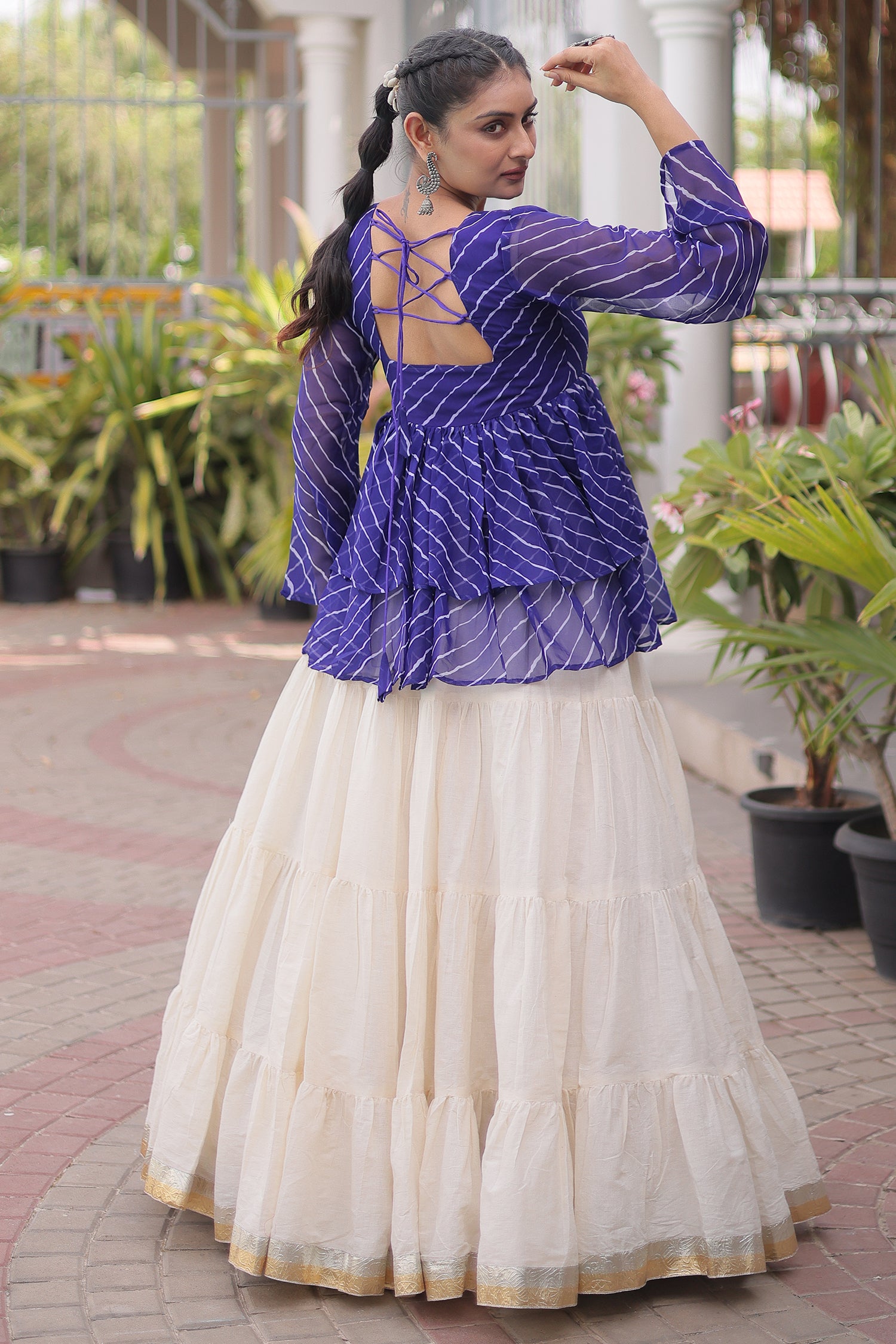 White Cotton Flared Peplum Chaniya Choli with Kachchi Work