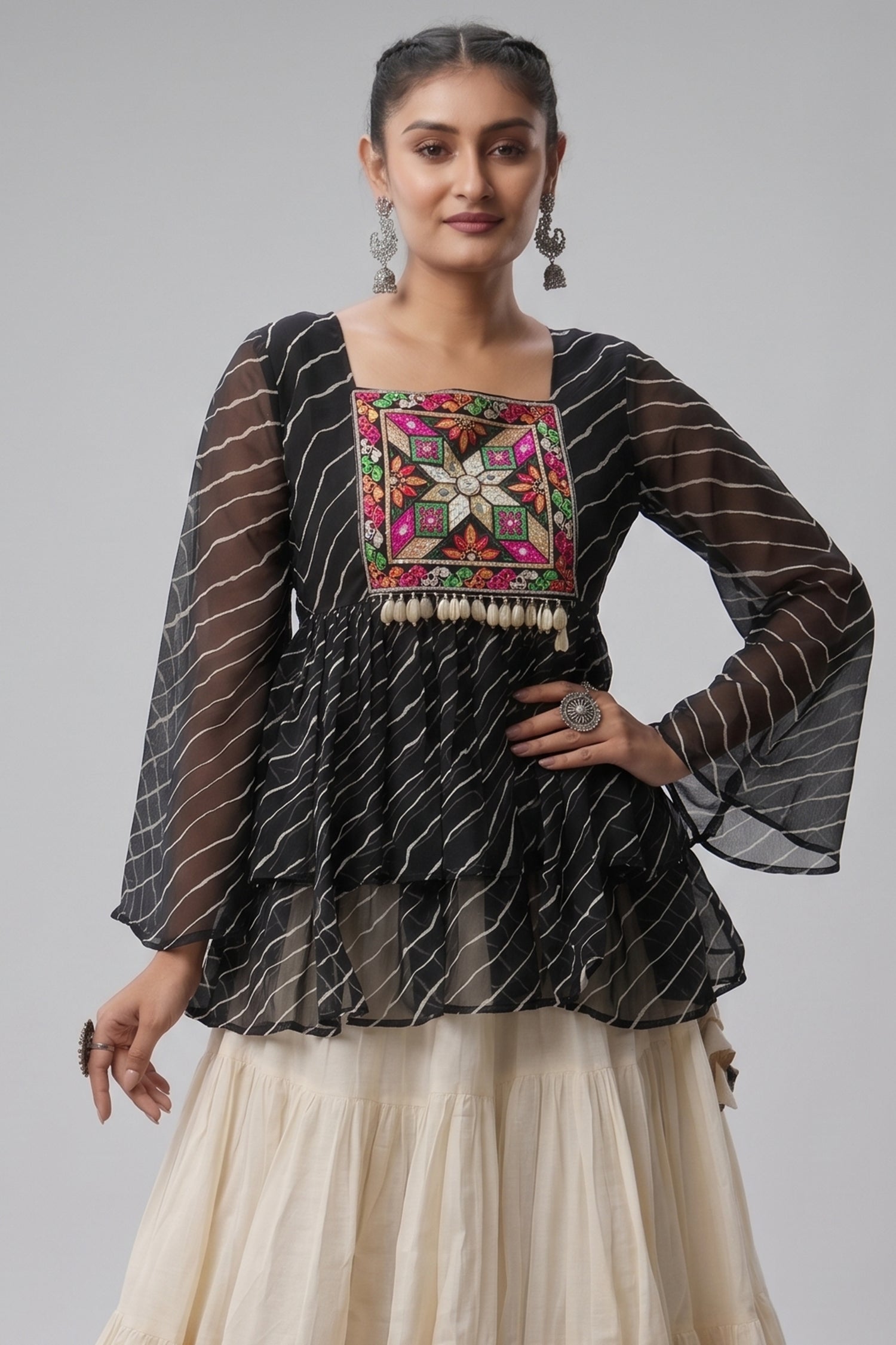 White Cotton Flared Peplum Chaniya Choli with Kachchi Work Secondary image