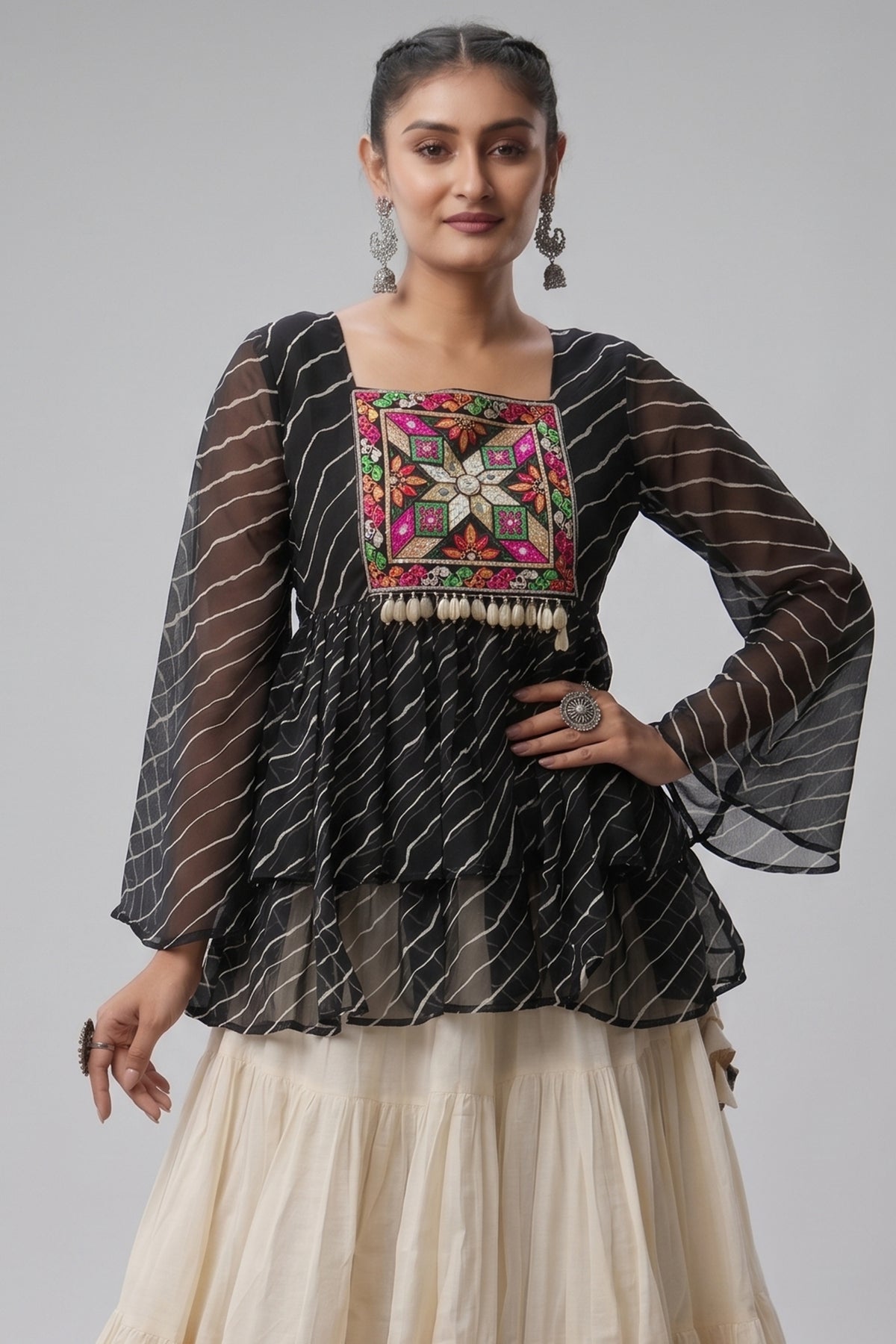 White Cotton Flared Peplum Chaniya Choli with Kachchi Work