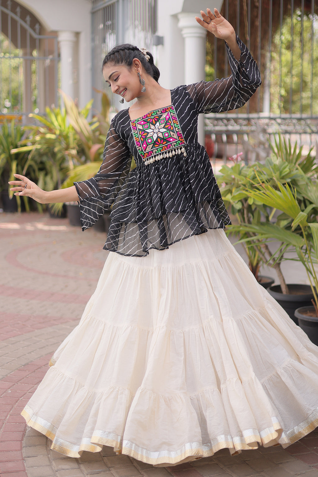 White Cotton Flared Peplum Chaniya Choli with Kachchi Work