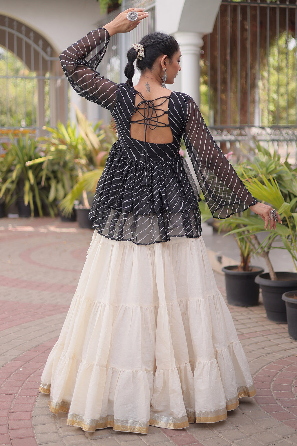 White Cotton Flared Peplum Chaniya Choli with Kachchi Work
