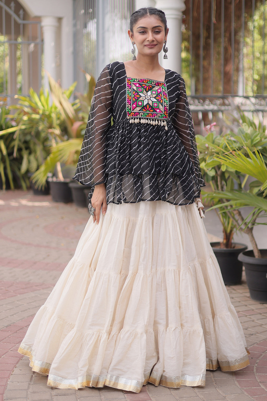 White Cotton Flared Peplum Chaniya Choli with Kachchi Work