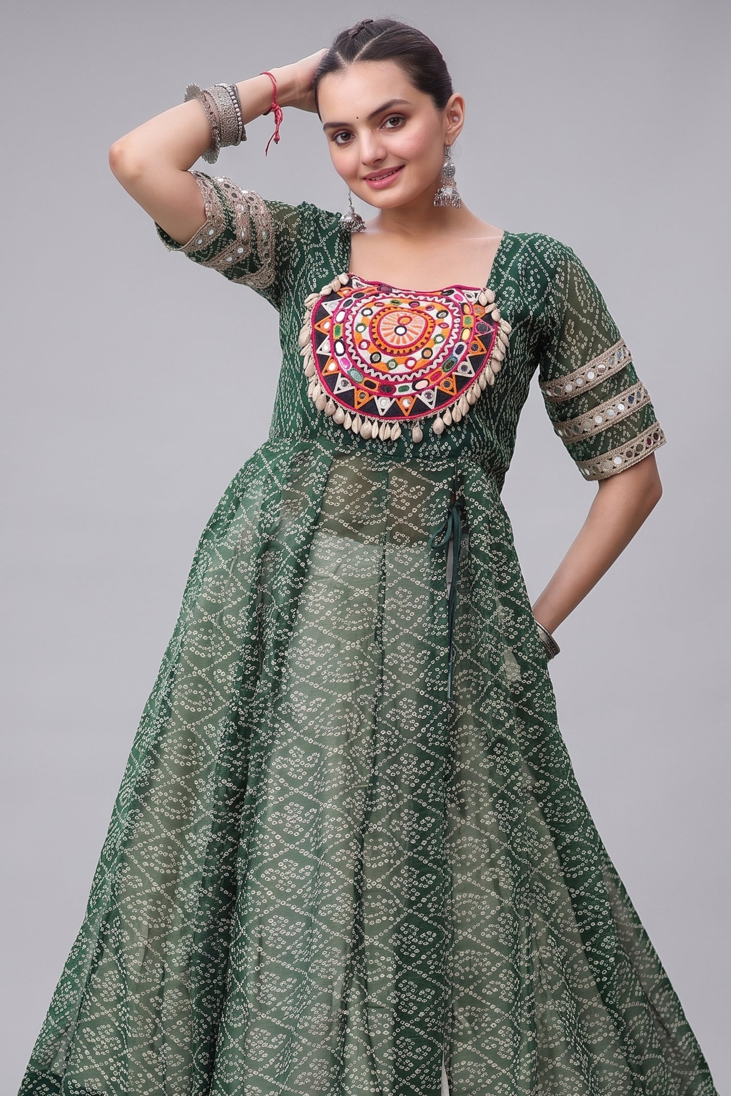 White Cotton Flared Chaniya with Kachchi Work Leheriya Top Secondary image
