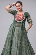 White Cotton Flared Chaniya with Kachchi Work Leheriya Top